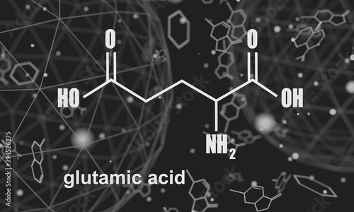 Amino acid. Glutamic acid structural formula. Lines and dots connected background. 3D rendering