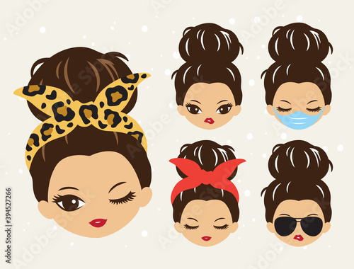 Vector illustration of cute girls with messy bun hairstyle and bandana.