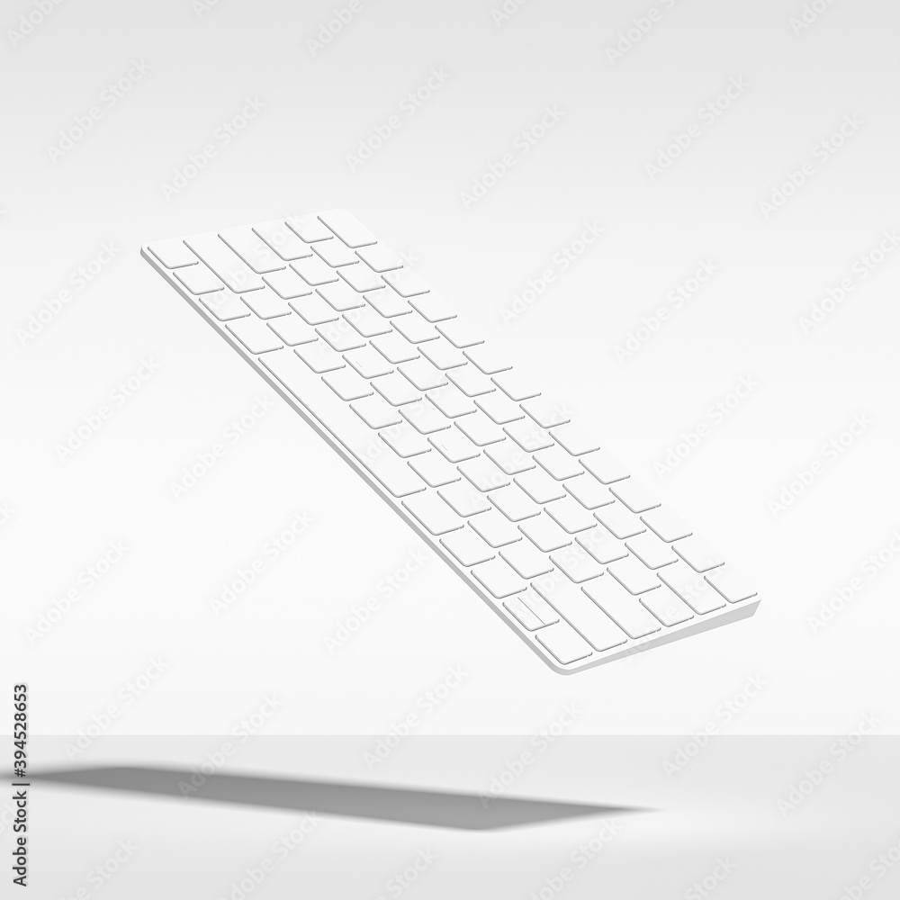 keyboard isolated on white. Abstract Image of White Painted Computer Keyboard, Falling, Floating, Suspended, Isolated Against White. 3d Rendering. keyboard isolated on white. Abstract Image of White Painted Computer Keyboard, Falling, Floating, Suspended, Isolated Against White. 3d Rendering.
