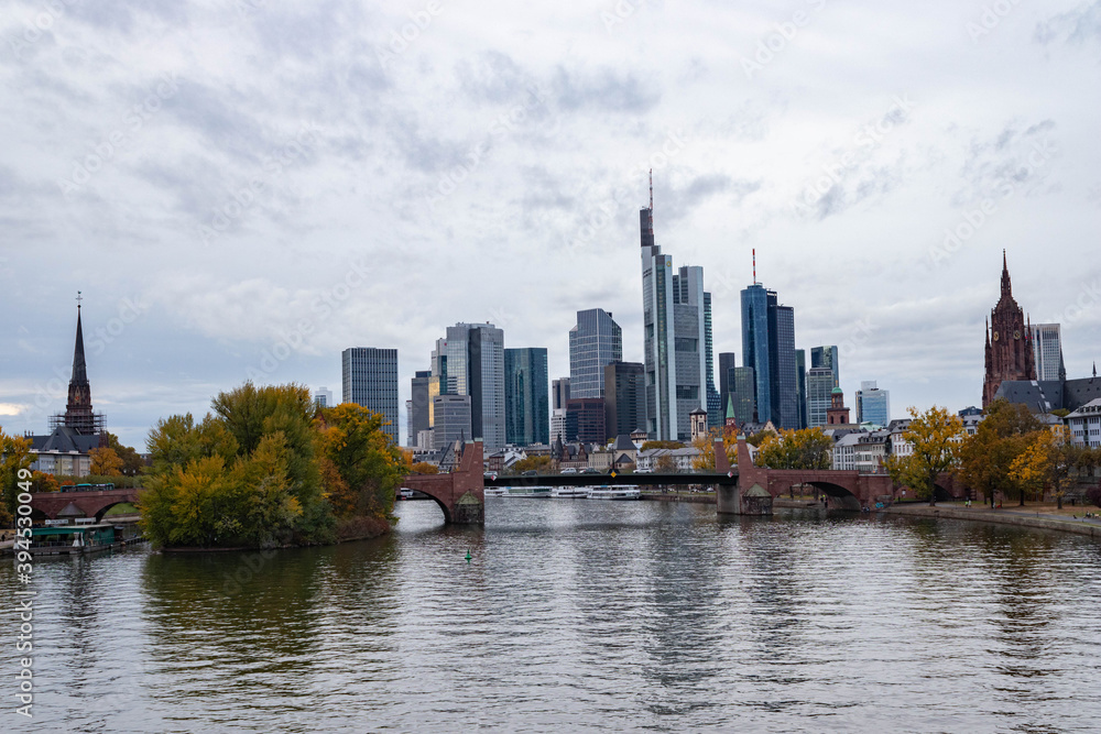 The Skyline of Frankfurt from the Ignatz-Bubis-Bridge.