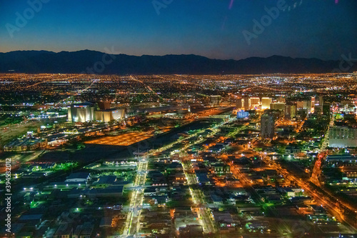 LAS VEGAS, NV - JUNE 29, 2018: Night aerial view of Casinos and Hotels along The Strip. This is the famous city road full of Casinos and Hotels