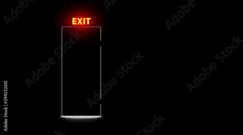 Black closed door and neon exit lamp, dark background. Realistic light silhouette slit doorway. Abstract room with text indicator. Vector illustration. photo