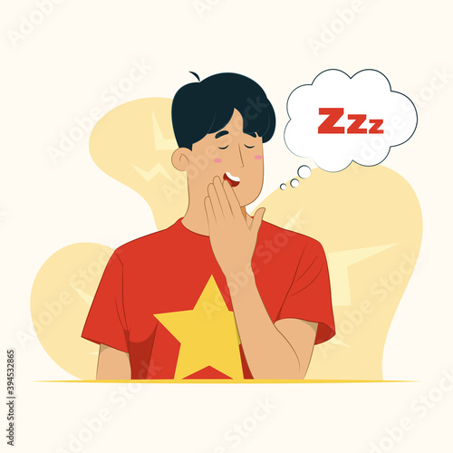 Young man, bored, yawning, tired, covering mouth with hand, restless and sleepiness concept