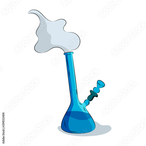 Glass bong for smoking. Plastic blue bong with green cannabis. Modern flat style vector illustration icons. Isolated on white background. Apparatus for smoke weed with clouds.