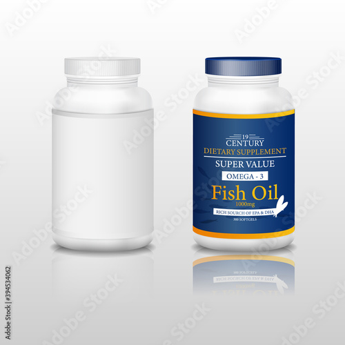 White matte plastic bottle with snap hinge push on cap for medicine, tablets, pills. Photo-realistic packaging mockup template with sample design. Front view. Vector 3d illustration.