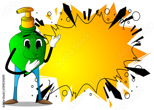 Cartoon bottle of hand sanitizer gel for hygiene  with face showing something with both hands, powerful hand gesture.