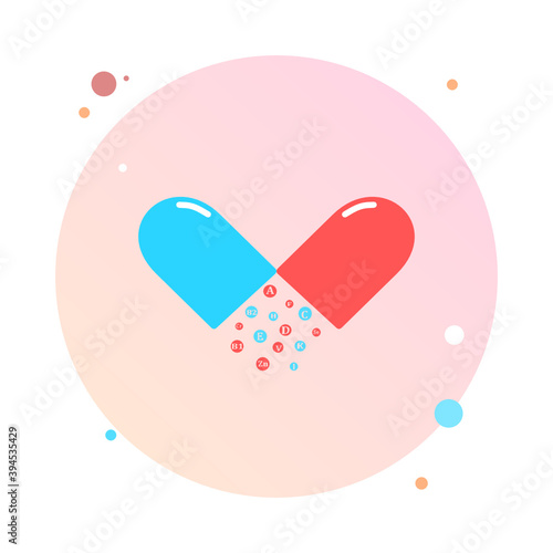 Essential vitamin and mineral complex in circle icon. Vector creative design vitamin pill capsule. Multi vitamin complex in round icon. Multivitamin supplement, vitamin logo. Diet infographic poster. 