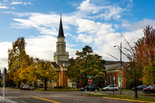 Historical First Presbyterian Church building in downtown Salem, Oregon, in autumn day photo