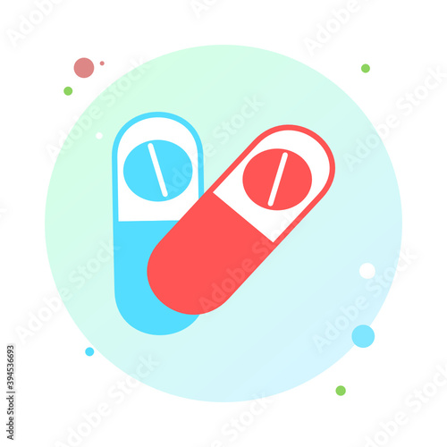 Medical pill icon in circle icon. Medicine, capsule, pharmacy, hospital of drugs. Medication, pharmaceutics concept. Vector illustration. Drugs flat round shaped icon. Healthcare medicine icon.