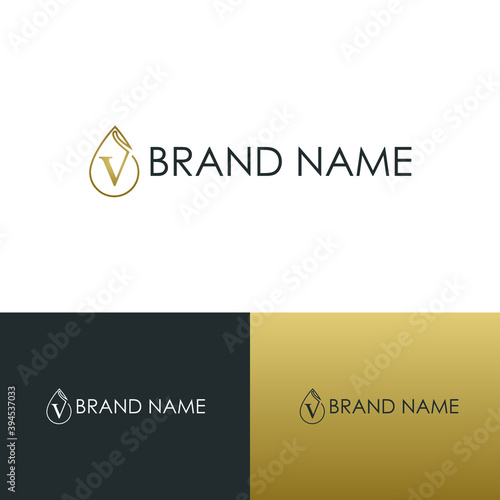 Elegant luxury initial v letter for cosmetic, make up, hotel, boutique business logo concept with golden line art liquid or water drop icon