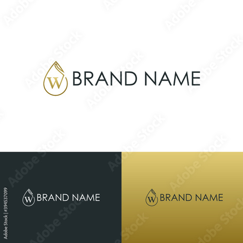 Elegant luxury initial w letter for cosmetic, make up, hotel, boutique business logo concept with golden line art liquid or water drop icon