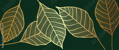 Golden leaf wallpaper design vector. Gold tropical leaves line arts background. Vector illustration.