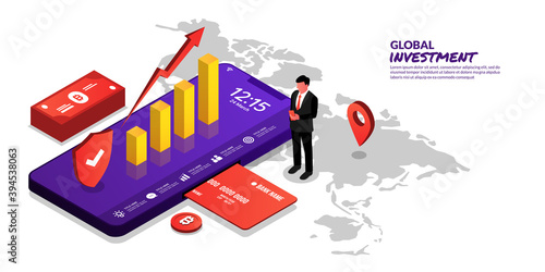 Global business investment concept, illustration of businessman trading with smartphone
