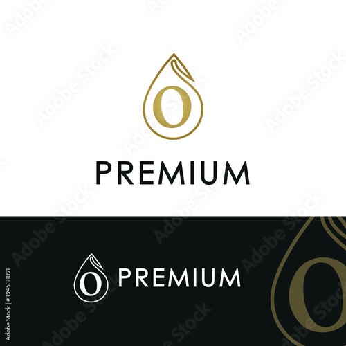 Elegant luxury initial o letter for cosmetic, make up, hotel, boutique business logo concept with golden line art liquid or water drop icon