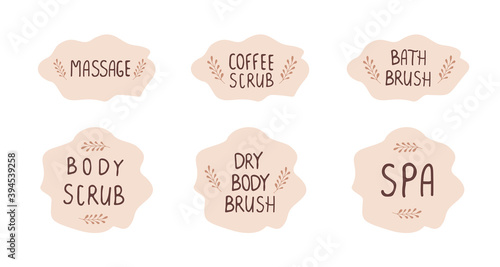 Set with fun slogans about home body care. Hand drawn lettering quotes. Massage, scrub and skin brushing. Vector illustration.
