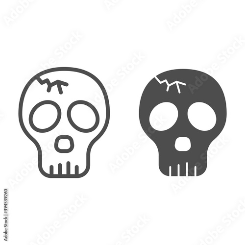 Skull with crack line and solid icon, halloween concept, cracked skull without lower jaw sign on white background, dead head icon in outline style for mobile concept and web design. Vector graphics.