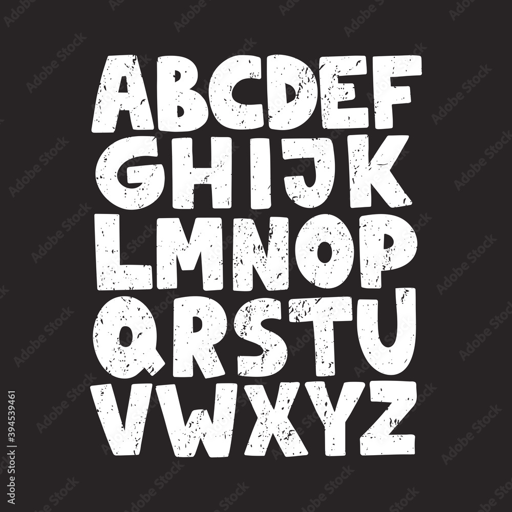 Cartoon English alphabet. ABC. Funny hand-drawn graphic font. Uppercase letters on black background. Design for typography poster, card. Modern vector illustration