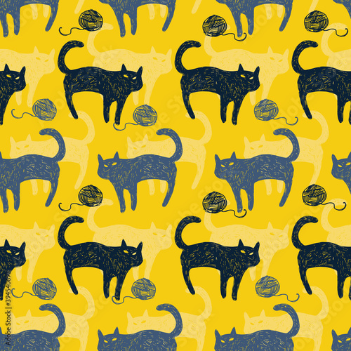 Vector yellow mystery cat pen sketch rows seamless pattern with ball of yarn. Perfect for fabric  scrapbooking and wallpaper projects.