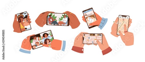 Set of hands touch smartphone screen and hold mobile phones with apps for taking selfie, watching video, social media, searching route on map, group calling and playing games. Flat vector illustration