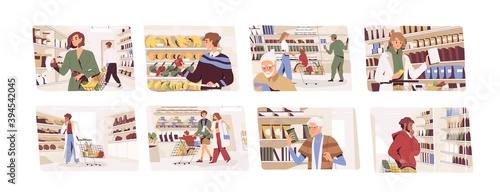 Set of people choosing food in grocery shop. Men and women buying products in supermarket. Characters standing near store shelves with shopping carts and baskets. Flat vector illustration on white