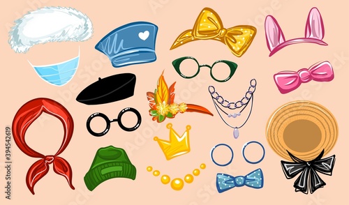 A set of fashionable and bright Ar masks in the form of glasses, hats, scarves. To filter the face design. On the topic of fashion. Vector on an isolated background