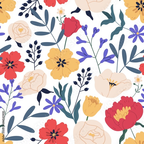 Gorgeous seamless floral pattern with eucalyptus, peony and roses. Repeatable botanical backdrop with elegant flowers for printing and decoration. Flowery design. Colorful flat vector illustration
