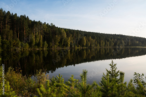 A beautiful view by the lake during sunset on a summer evening. Beautiful forest around
