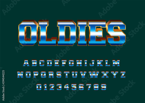 Oldies 80s metallic font alphabet. Custom typeface template. Font style effect