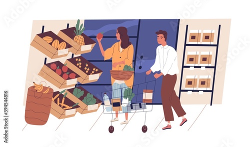 People shopping and choosing organic fruits and vegetables in grocery department store or supermarket. Man with trolley and woman with basket at shop. Buying food products. Flat vector illustration
