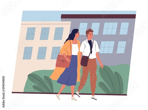 Young couple in casual clothes walking together along street. Man and woman strolling and chatting against the city landacape. Colorful flat vector illustration