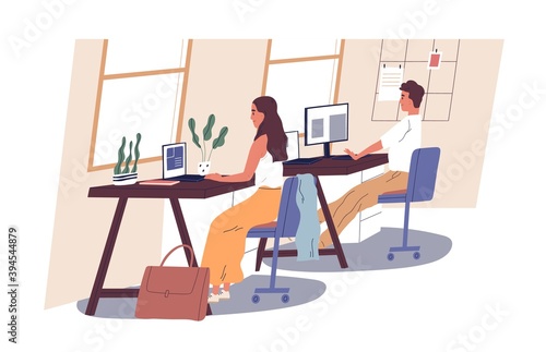 People working in office. Man and woman sitting at desks with laptop and computer. Workplace with modern interior. Daily routine. Everyday company life. Colorful flat vector illustration