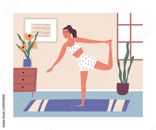 Young modern woman doing workout at home. Calm lady with closed eyes in yoga posture. Female performing aerobics exercise in the morning. Daily sport routine, activity. Flat vector illustration