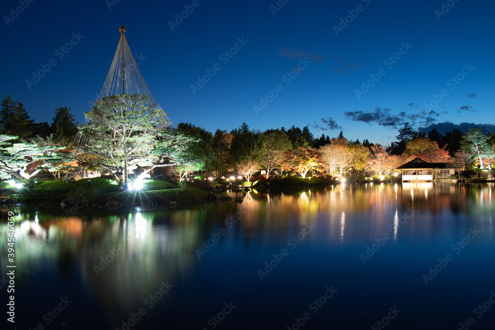 池に映るライトアップされた日本庭園
