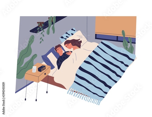 Young couple sleeping together cuddling under blanket in modern bedroom. Man and woman falling asleep in bed in evening. Daily life of romantic partners. Colorful flat vector illustration