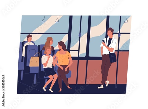 People in public transport. Men and women chatting, listening to music in earphones, looking through window and surfing internet with smartphone inside city bus. Daily life. Flat vector illustration.