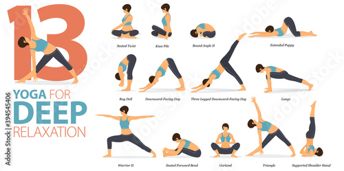13 Yoga poses or asana posture for workout in Deep Relaxation concept. Women exercising for body stretching. Fitness infographic. Flat cartoon vector