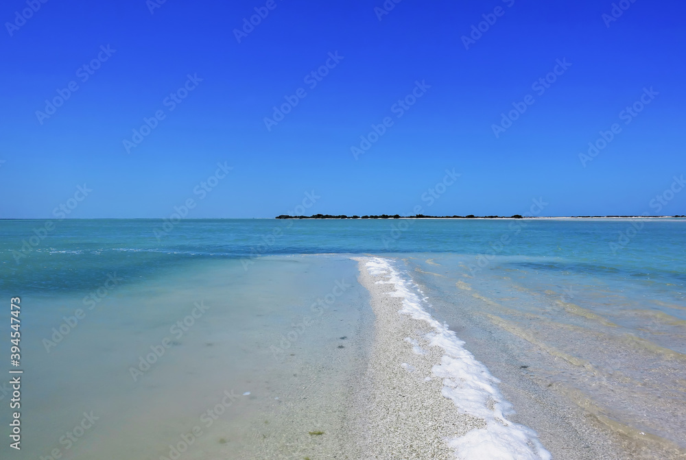 A narrow sand bar in the Caribbean Sea. The clear turquoise water is calm. White salt deposits on the sand. On the horizon you can see a shore with green plants. Bright blue sky. Mexico.
Rio lagartos
