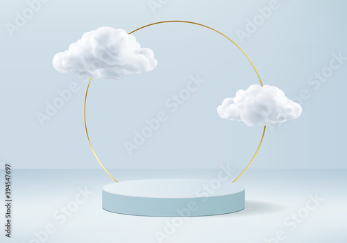 Podium background vector 3d blue rendering with podium and minimal cloud white scene, minimal background 3d rendering geometric shape sky cloud blue pastel. Stage 3d rendering in cloud platform.