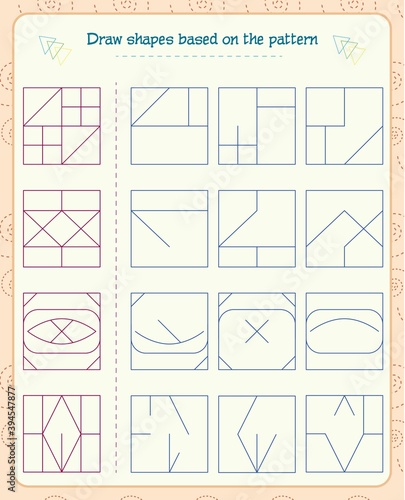  Worksheet for children. Task for the development of attention, memory and thinking. Draw shapes based on the pattern.