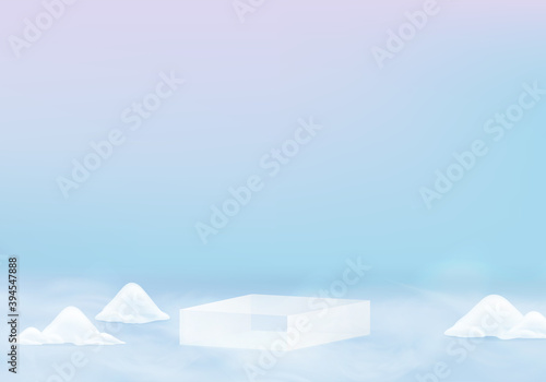 Falling christmas shining snow minimal scene with geometric platform. winter holidays ice snow background vector 3d rendering with podium. stand to show products. Stage Showcase on 3d blue pastel