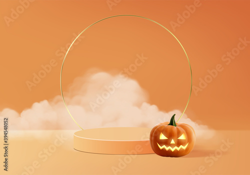 Halloween minimal scene 3d with smoke and podium platform. Halloween background vector 3d rendering with pumpkin podium. stand to show products. Stage Showcase on pedestal orange pumpkin halloween 3d