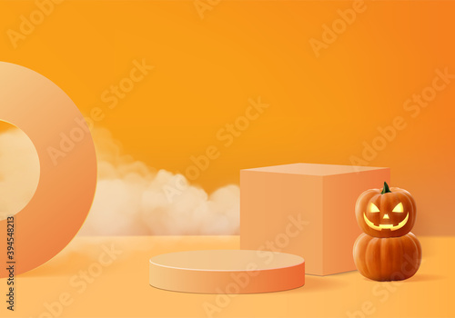Halloween minimal scene 3d with smoke and podium platform. Halloween background vector 3d rendering with pumpkin podium. stand to show products. Stage Showcase on pedestal modern orange pumpkin pastel