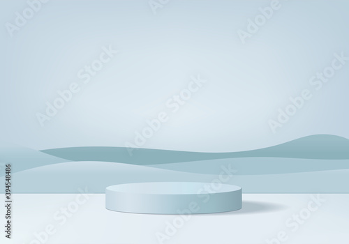 Background vector 3d blue rendered with marble podium and minimal blue cylinder scene, curve background 3d rendering podium platform shape blue pastel. 3D stage podium product on 3d background modern