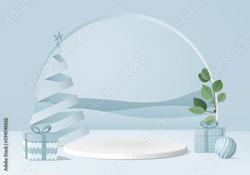 Christmas minimal rendered scene 3d with gift box and podium platform. Christmas tree background vector 3d rendering with gold podium. stand to show products. Stage showcase on pedestal blue pastel