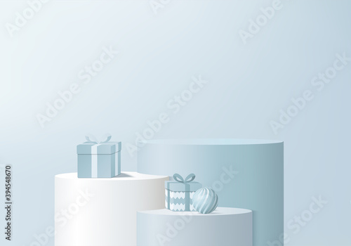Christmas minimal rendered scene 3d with gift box and podium platform. Christmas tree background vector 3d rendering with gold podium. stand to show products. Stage showcase on pedestal blue pastel
