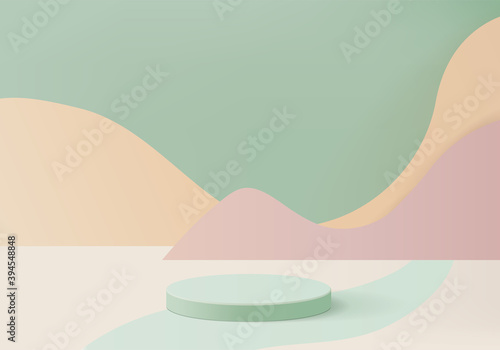 3d Stage background minimal scene with geometric platform. Stage background vector 3d rendering with podium. stage to show cosmetic products. Stage showcase on pedestal modern 3d studio green pastel