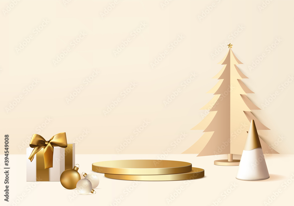 New Years minimal rendered stand 3d with gold tree and podium product. Christmas tree background vector 3d rendering with gold podium. stand to show product. Stand product showcase on christmas gold New Years minimal rendered stand 3d with gold tree and podium product. Christmas tree background vector 3d rendering with gold podium. stand to show product. Stand product showcase on christmas gold