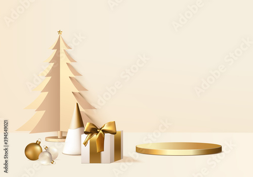 New Years minimal rendered stand 3d with gold tree and podium product. Christmas tree background vector 3d rendering with gold podium. stand to show product. Stand product showcase on christmas gold