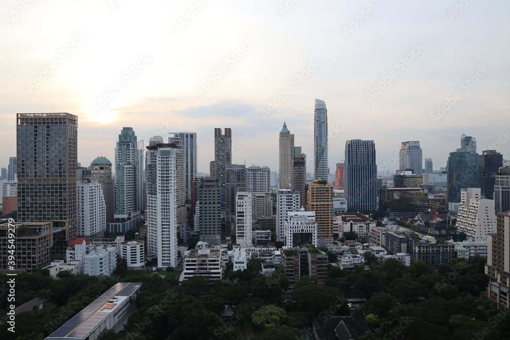 Wide View of rooftop with down town cityscape and many high buildings