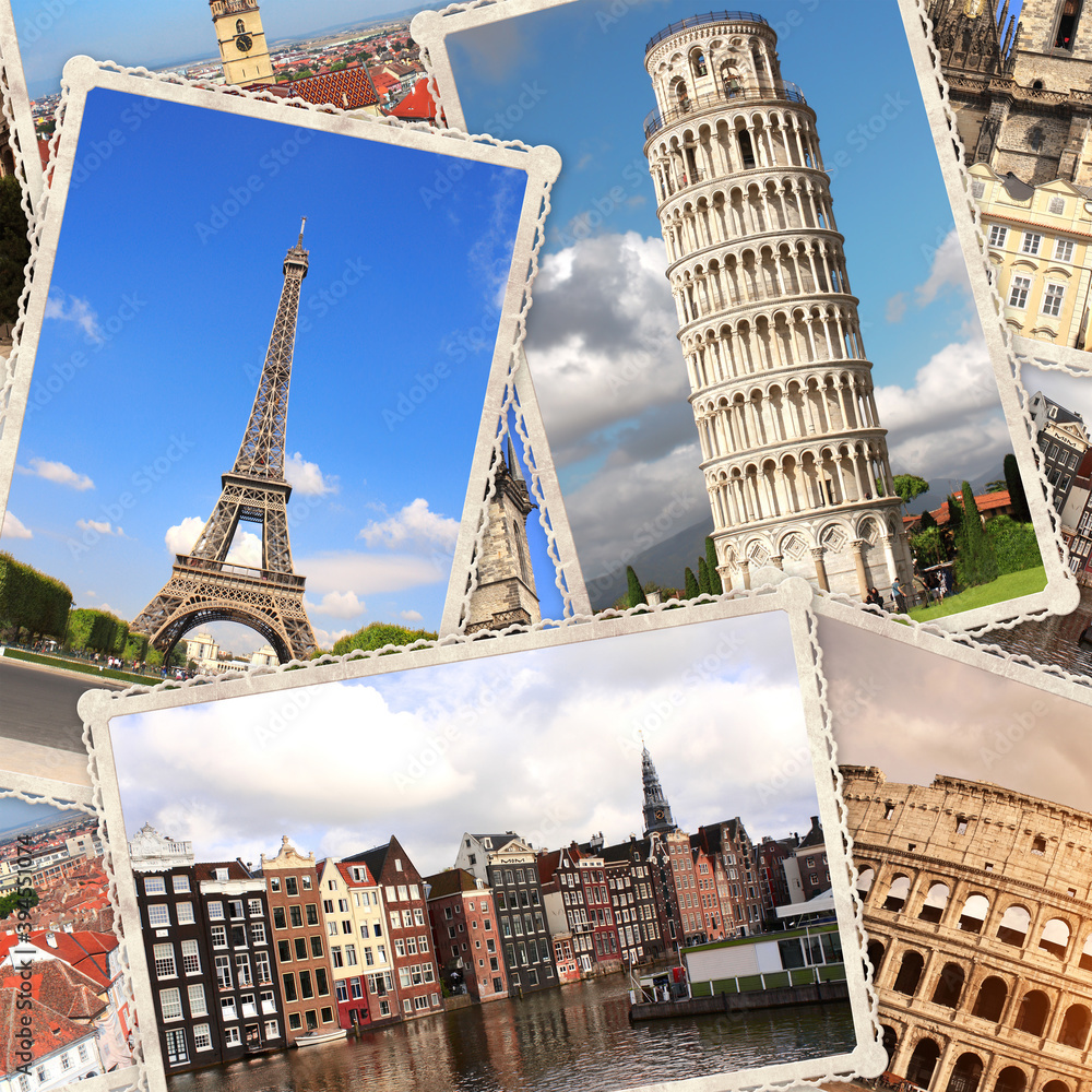 Fototapeta premium Vintage travel background with retro photos of european landmarks